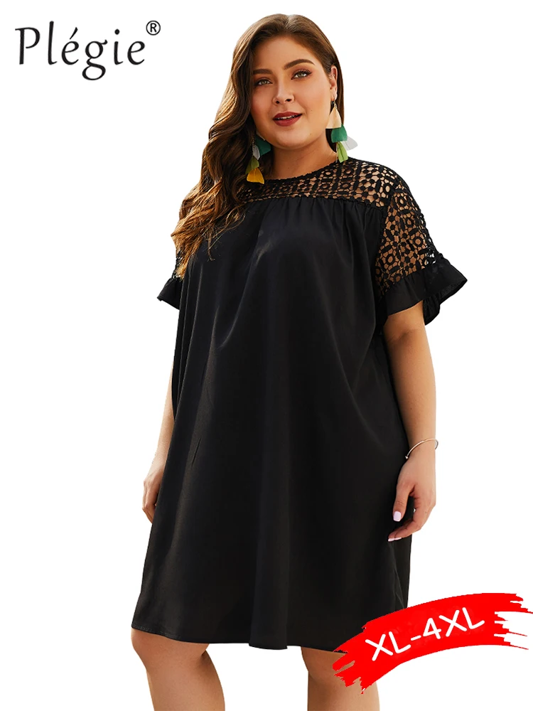 

Plegie Plus Size Lace Patchwork Women Dress XL-4XL Big Size Short Sleeve Loose Long Shirt Dresses Black Summer Dress 2019