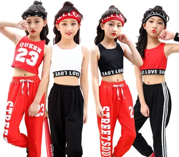

Songyuexia Children's jazz dance costume girls Korean version of street dance exposed navel set hip hop modern dance aerobics