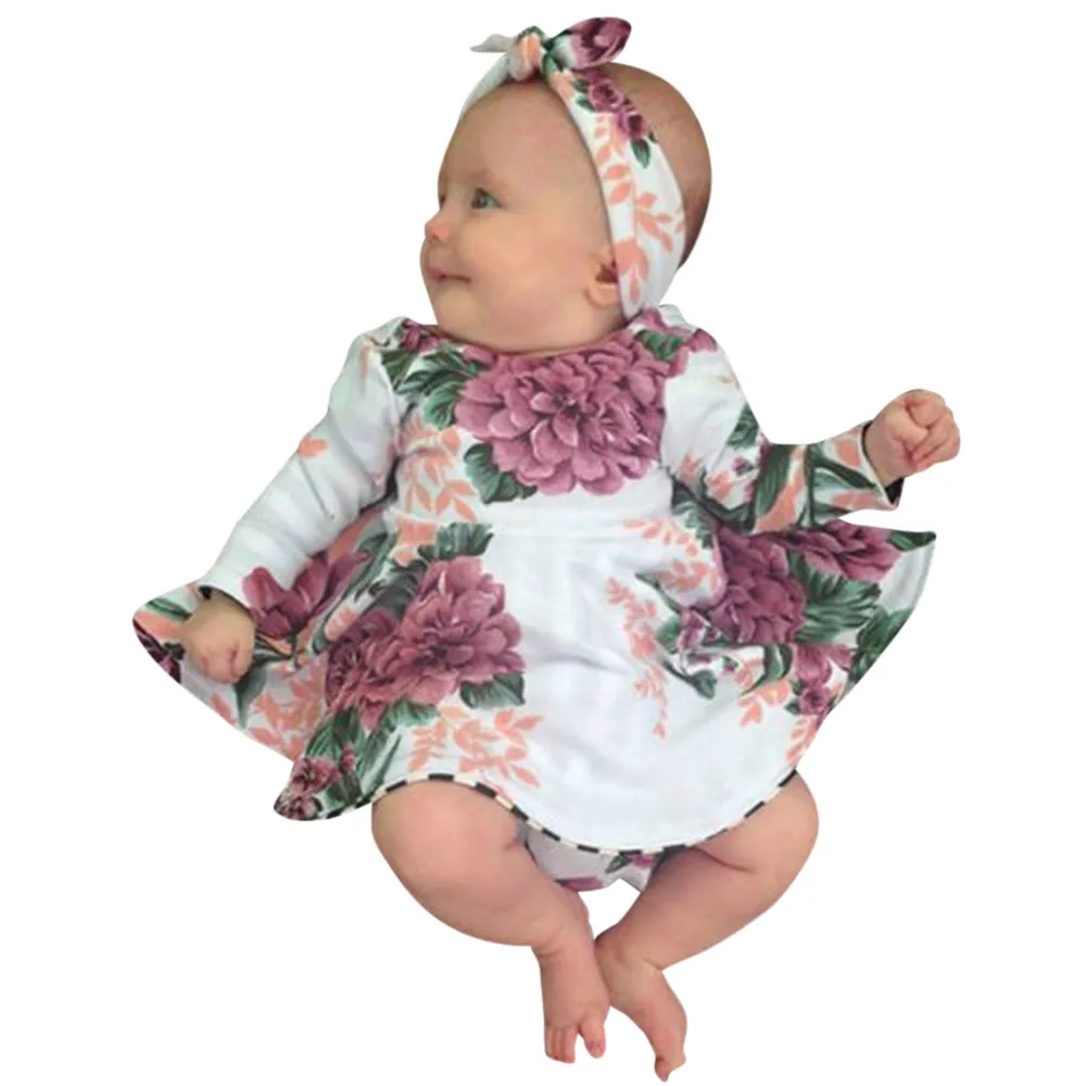 

LONSANT Newborn Baby Girls Dress Baby Girls Floral Print long sleeve Dress+Headband Toddler Girl 2 Pecies Outfits Set
