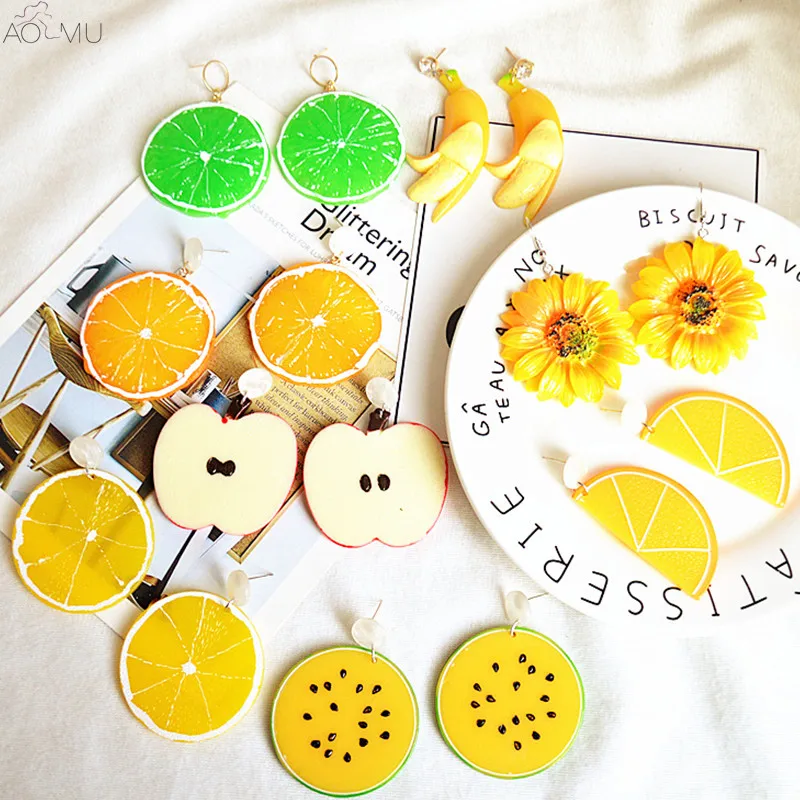 

AOMU 2018 New Fashion Exaggerated Banana Sunflower Apple Orange Lemon Stud Earrings for Women Girls Cute Fruit Earring