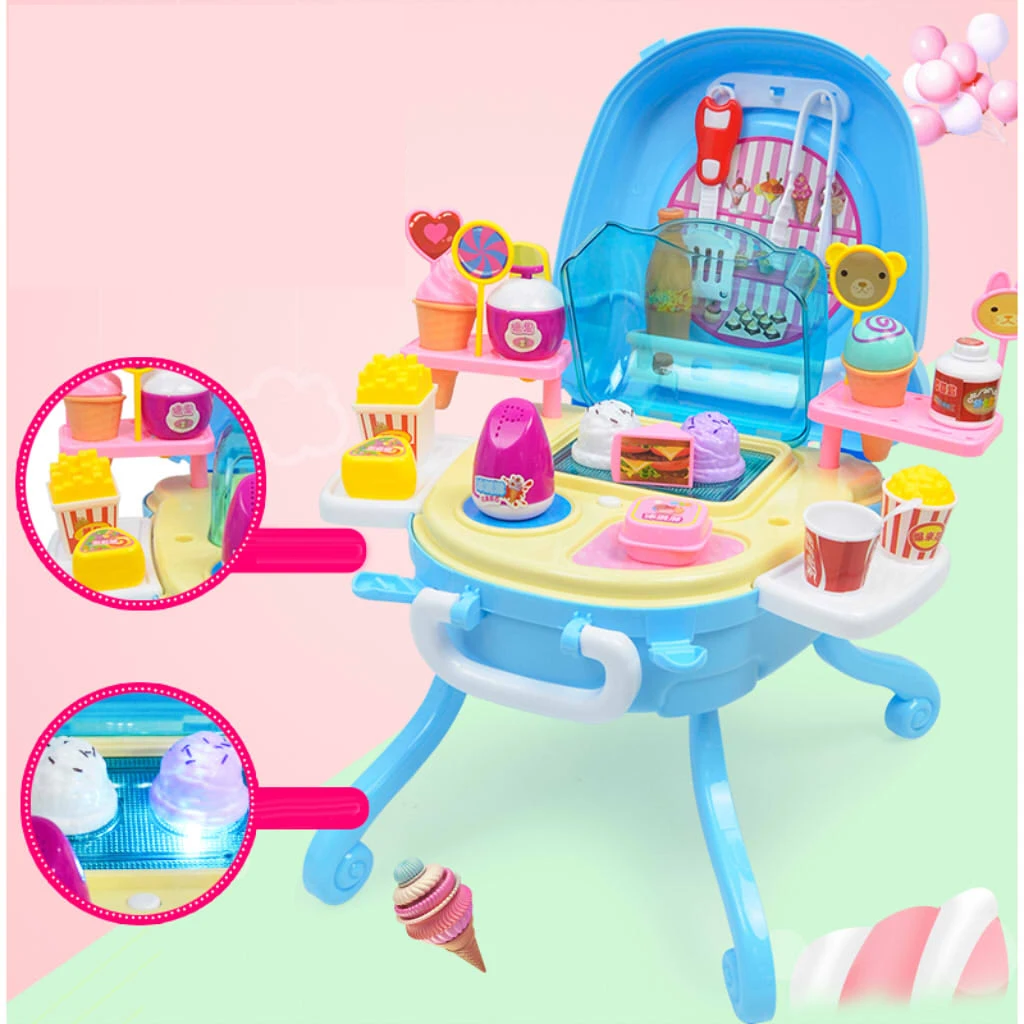 Ice Cream Case Pretend Play Food Dessert and Candy Trolley Set Toy with Music and Lighting Toys for Girls Kids Boys Children