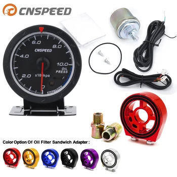 

CNSPEED 60MM Car 12V Oil pressure Gauge 0-10 BAR Oil Press Meter With Sensor Red & White Light with Oil Filter Sandwich Adapter