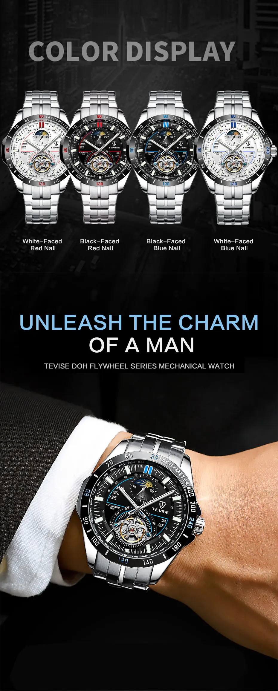 TEVISE Fashion Mens Skeleton Tourbillon Business Stainless steel Watches Men Automatic Mechanical Wristwatch Relogio Masculino