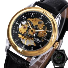 WINNER men women fashion Watches military hand wind mechanical skeleton watches male PU leather strap golden black dial watches