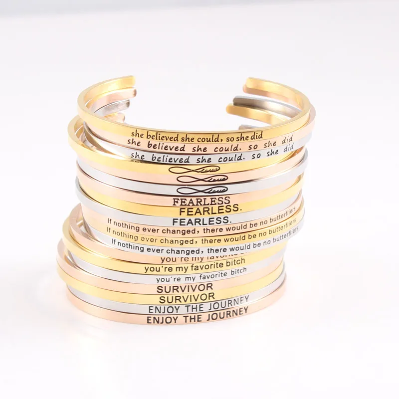 2017 New Stainless Steel Engraved Positive Inspirational Quote Cuff