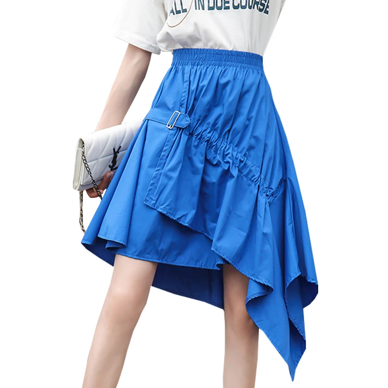

Shintimes 2019 Summer Midi Knee Length High Waist Pleated Irregular Skirt Womens Solid Asymmetrical Casual School Skirts