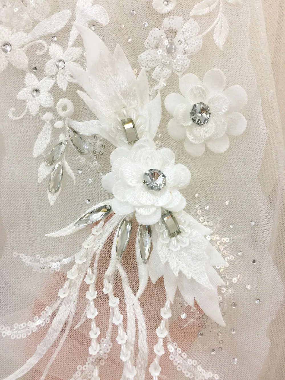 

2 pcs 3D Rhinestone Beaded Flower Lace Applique in Off Whit ,Pearl Beaded Embroidered for Dance Costumes Bridal Gown Accessory