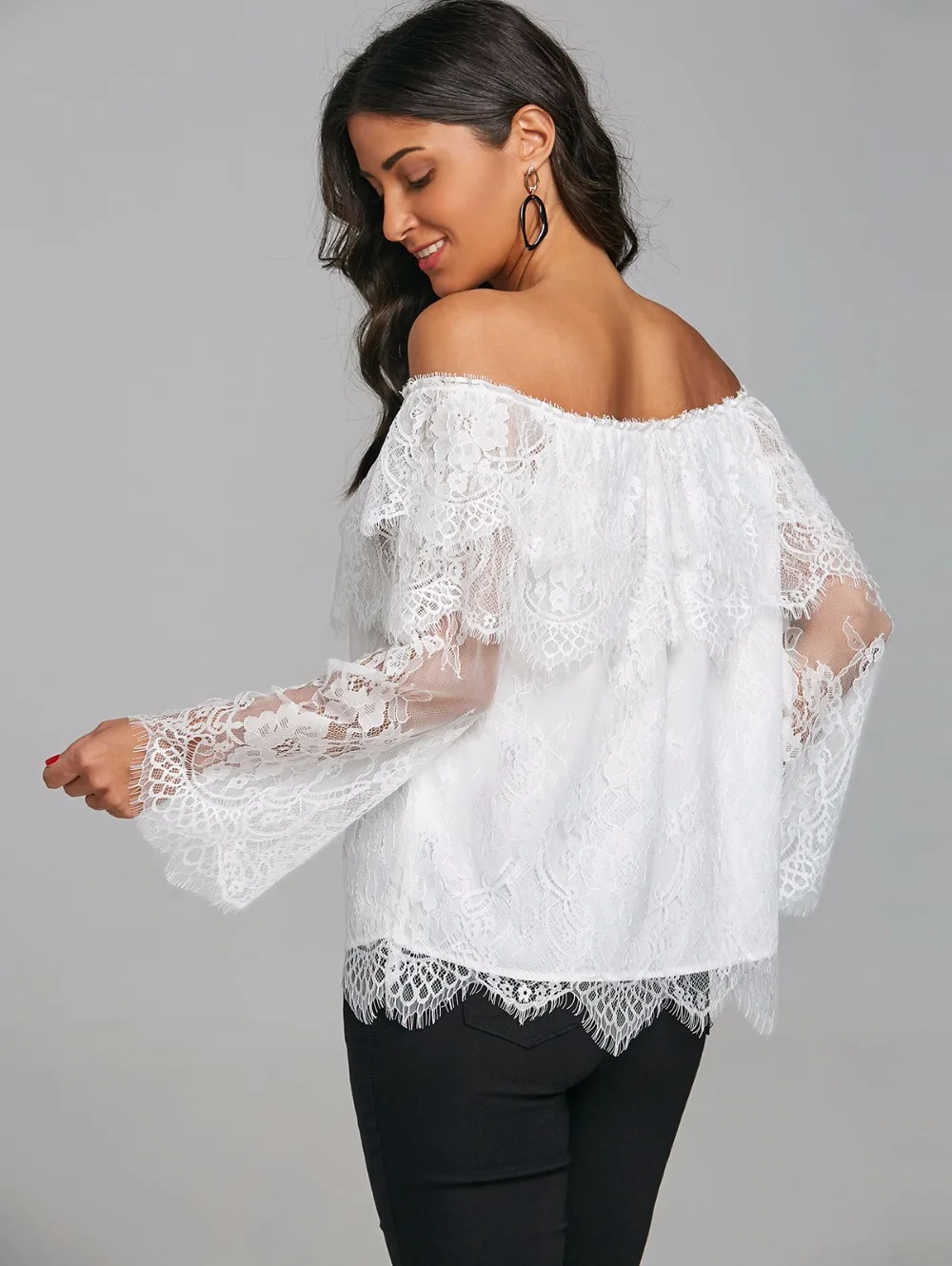 VESTLINDA Lace Blouse Off The Shoulder Tiered Bell Sleeve Women Blouse Summer Top Female Clothing 2018 Fashion Blusas Femme Tops 2