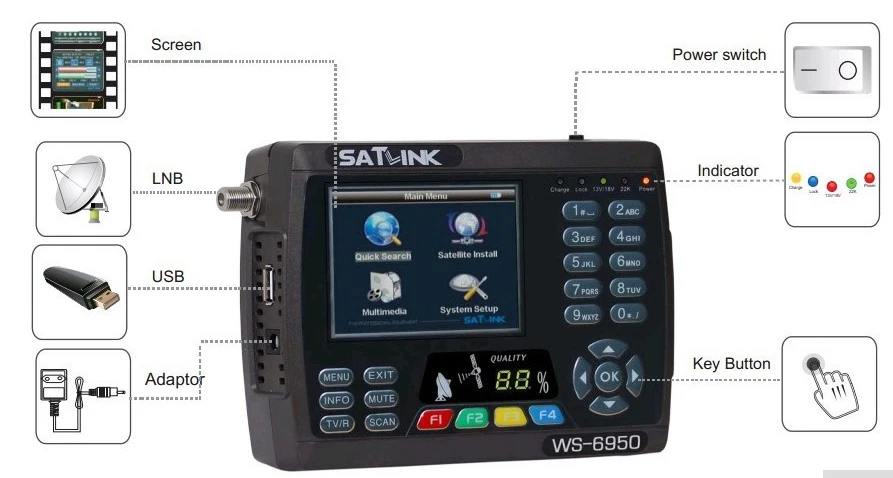 SATLINK СБ dvb s WS6950 3 5 &quotSd mpeg2 спутниковый искатель сигнала метр WS 6950 ws v8
