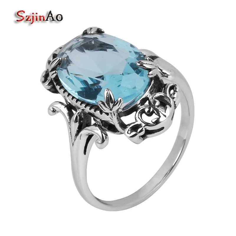 

Szjinao Handmade Antique Jewelry Blue Aquamarine Women 925 Sterling Silver Ring fashion Rings for Women 2017 Wholesale