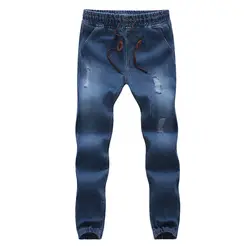 Мода 2019 г. Повседневное джинсы джоггеры эластичный пояс шнурок для мужчин промывают хип хоп дамские шаровары прямые брюки для девоче