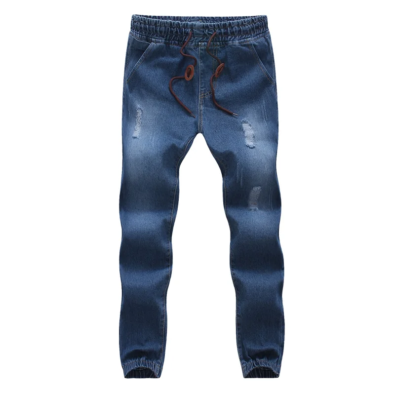 

2019 Fashion Casual Denim Jeans Joggers Elastic Waistband Drawstring Men Washed Hip Hop Harem Straight Pants Hole Design