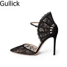 Women Black Lace High Heel Pumps Fan-shaped Ankle Strap Wedding Dress Shoes Cut-out Pointed Toe Bride Heels Lady Shoes Free Ship white lace flower bride dress shoes pointed toe stiletto middle heel wedding party shoes with ankle strap bridesmaid pumps