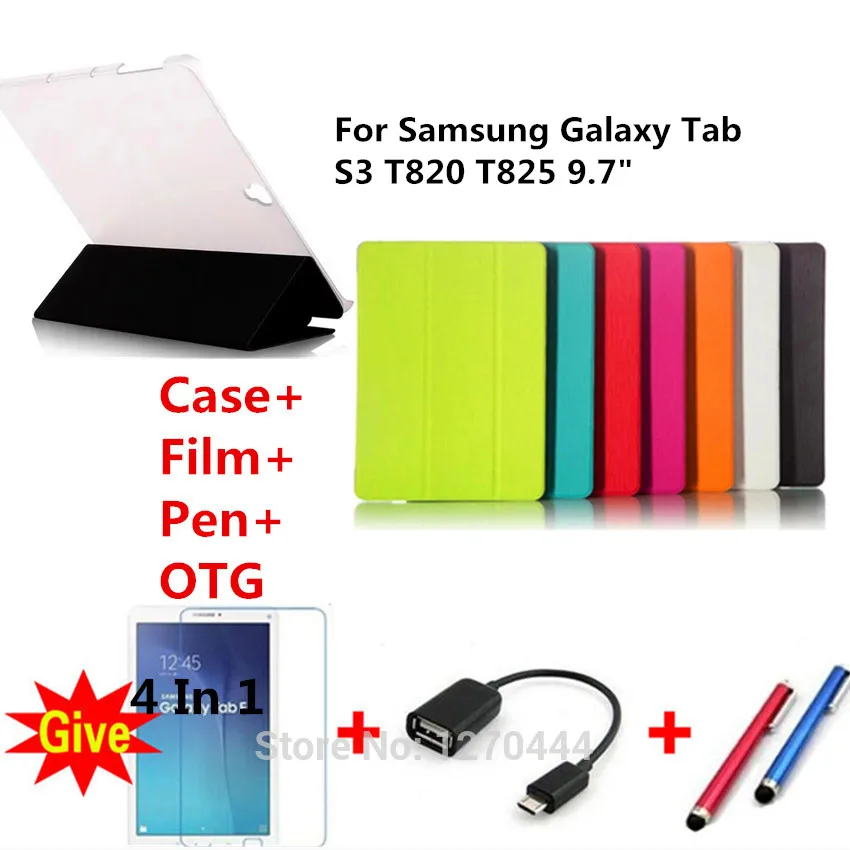 

Ultra Slim Toothpick Back Transparent Stand pu Leather Skin Cover For Samsung Galaxy Tab S3 9.7 T820 T825 Tablet PC+Film+pen+OTG