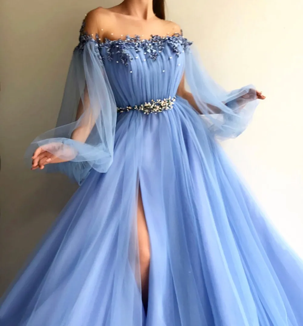 Fairy Sky Blue Prom Dresses For Graduation Appliques Pearl Long Sleeves