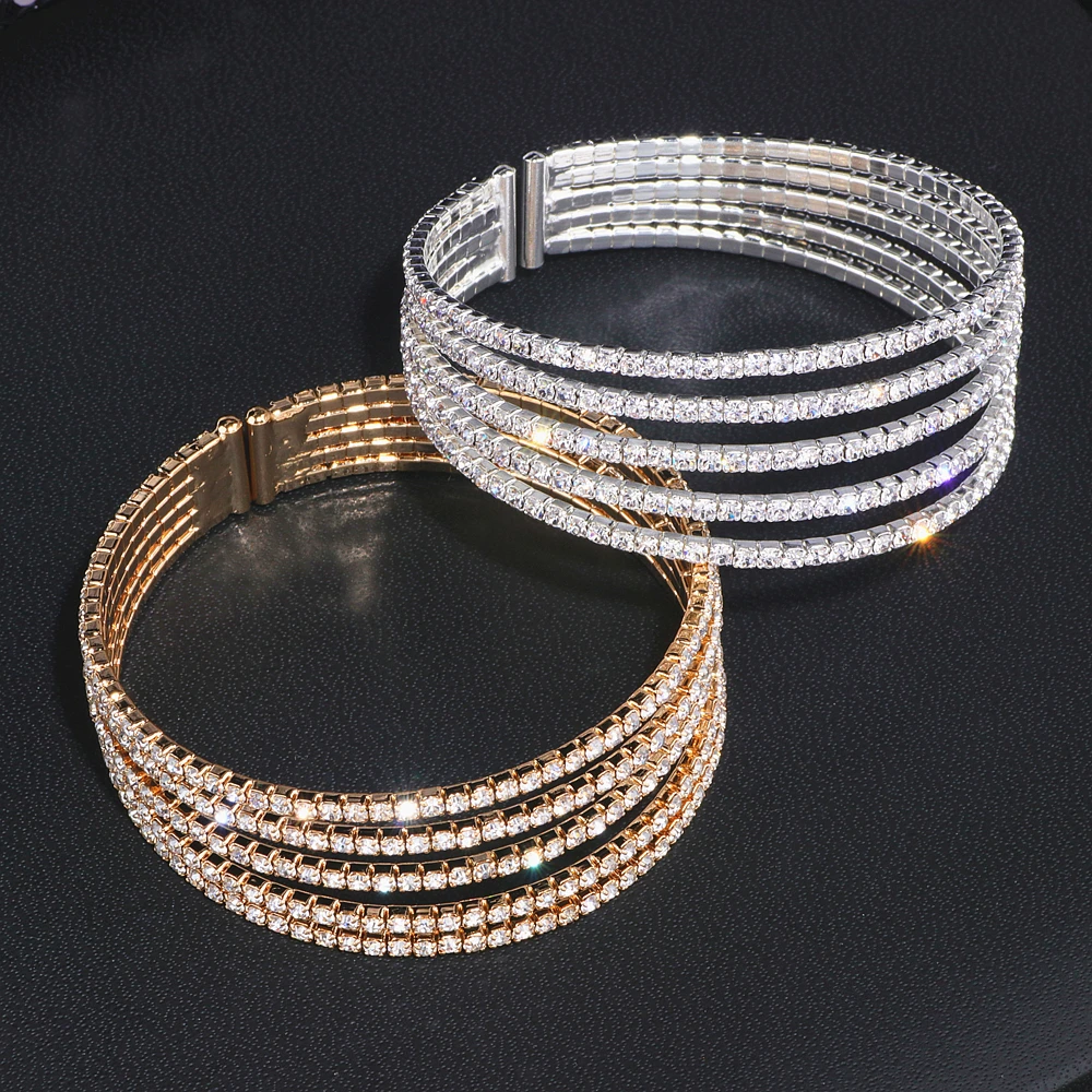 5 Rows Elegant Clear Rhinestone Bangle Bracelet Gold Color Crystal
