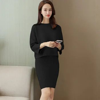 

2018 Two Piece Set Three-Quarter Sleeve Pullover Sweater Elastic Dress Suit Female Knit Dress Autumn Sweater Suit For Women Set