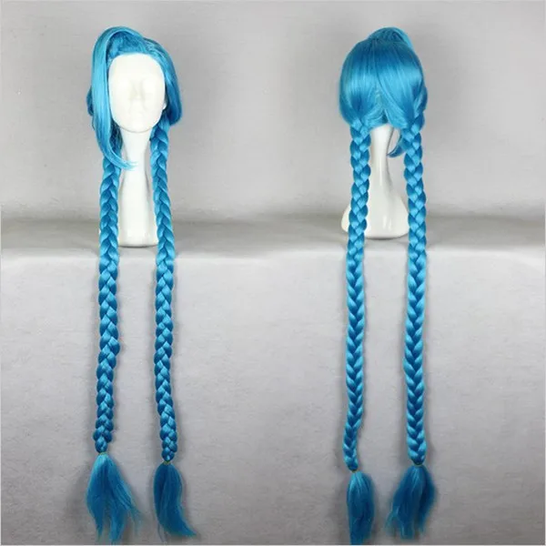MCOSER Free Shipping LoL Jinx Hair 130cm Long Blue 2 Braid Pontails