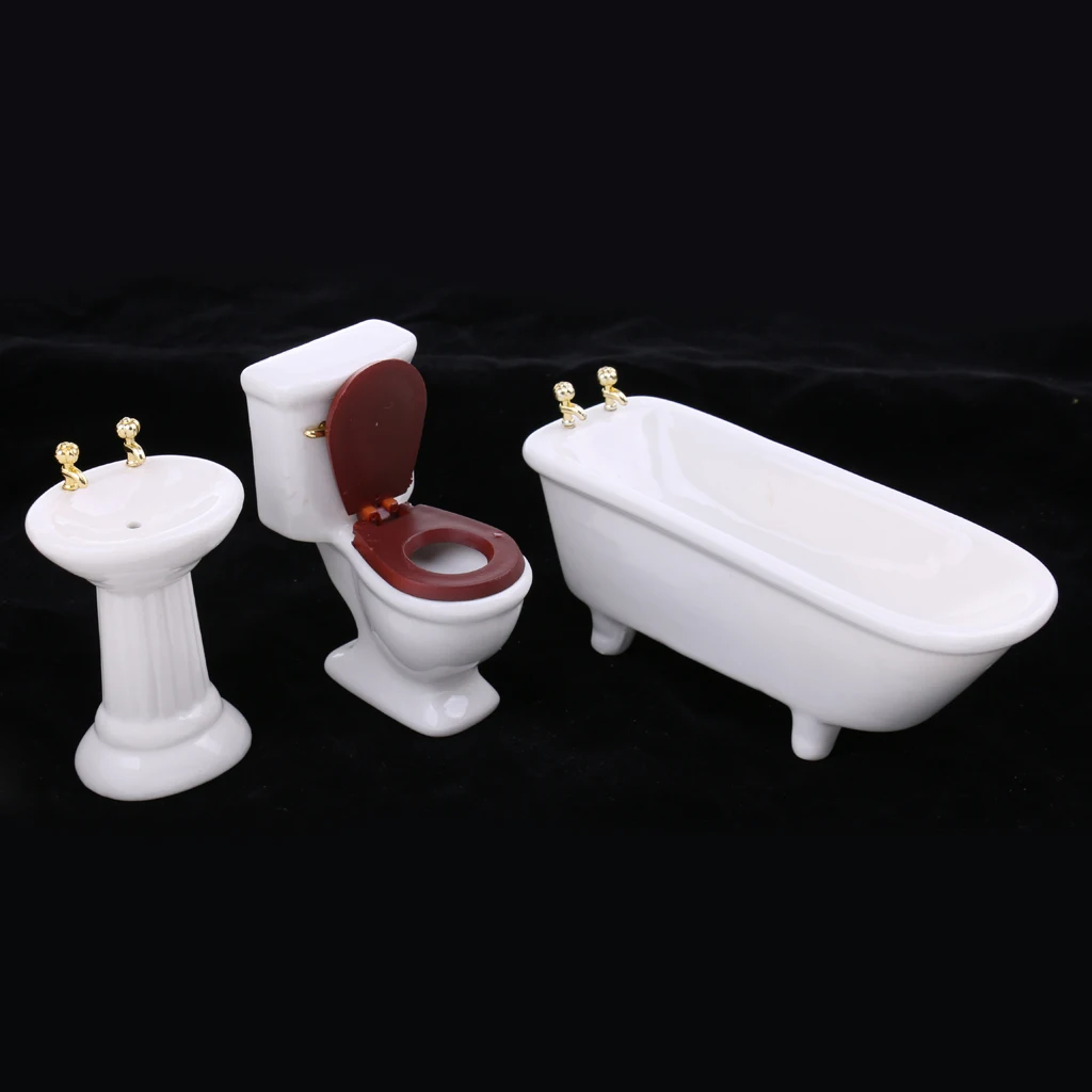 1/12 Dollhouse Miniature Furniture Bathroom Toilet Kit Ceramic Closestool Bathtub Sink Container Set 13 Pieces
