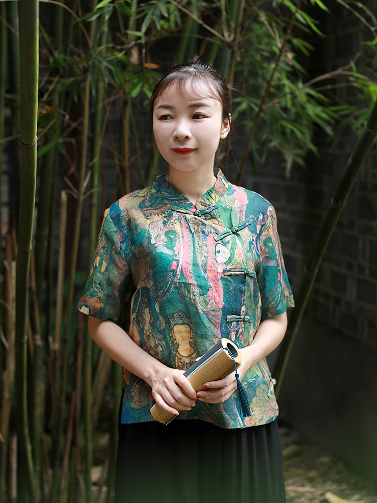 LZJN Summer Blouses Women 2019 Short Sleeve Chinese Style Women Shirts Short Buddha Printed Cheongsam Zen Tops (9)