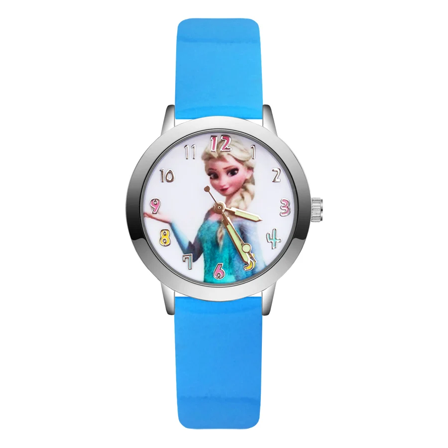 Sky Blue Модные милые детские часы в стиле принцессы Анны и Эльзы; кварцевые кожаные Наручные часы для мальчиков и девочек; JA115 - Цвет: Sky Blue