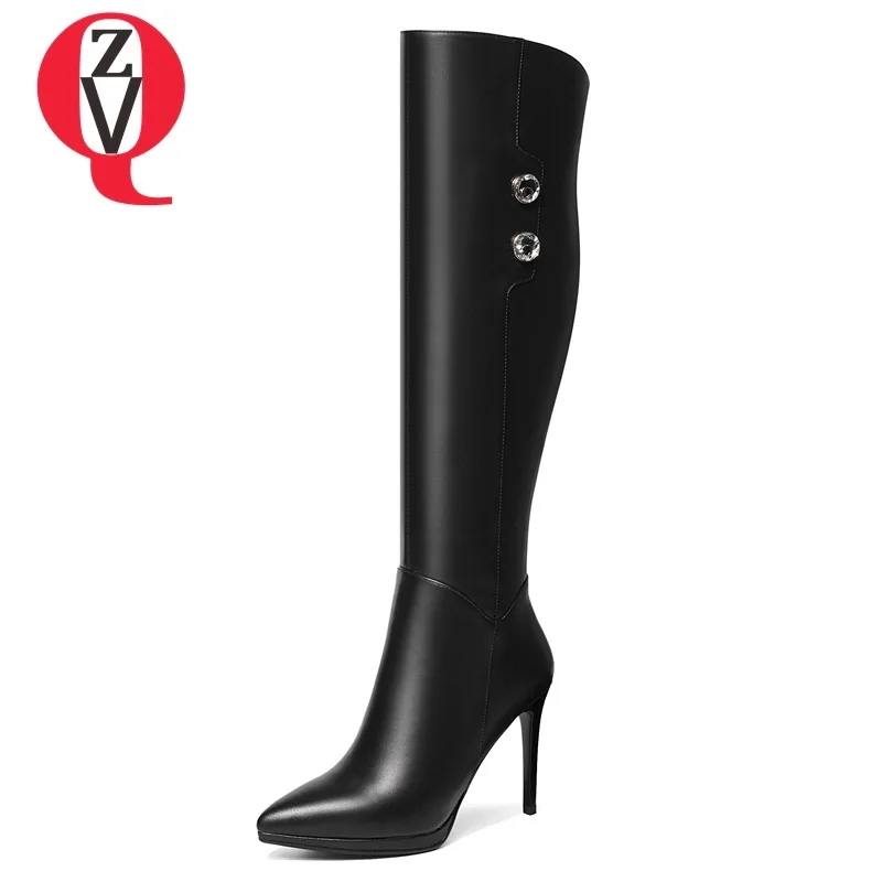 

ZVQ women shoes 2018 new fashion sexy genuine leather crystal pointed toe zipper winter outside warm elegant knee high boots