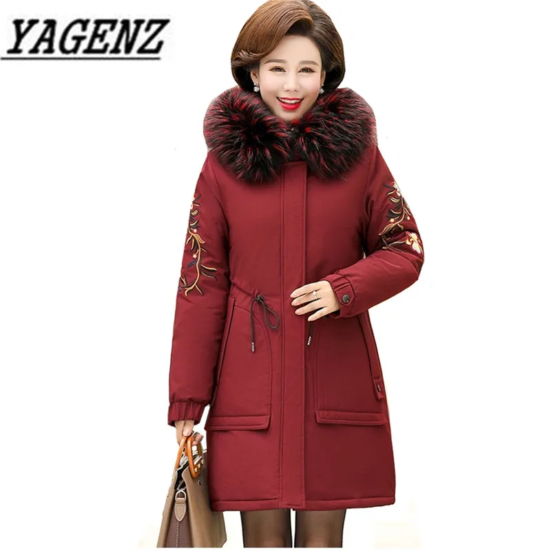 

Middle-aged Women Warm Winter Thicken Hooded Jacket Loose Embroidery Cotton Long Overcoat Large size Female Fur collar Coats 5XL