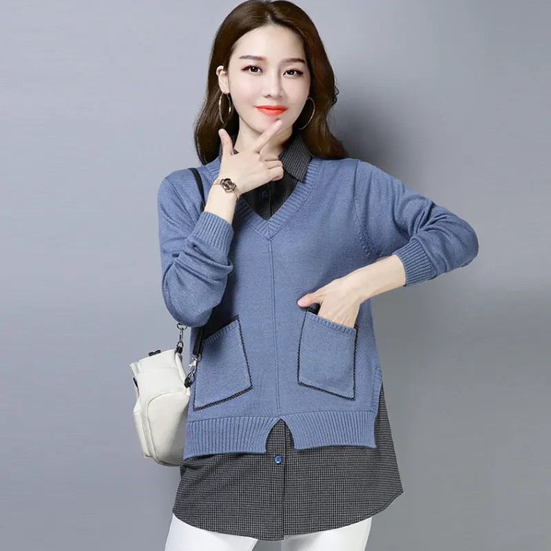 new Autumn Winter Women Sweater pullover Fake two-piece stitching fashion knit sweater women pull femme jumper clothing - Цвет: Blue