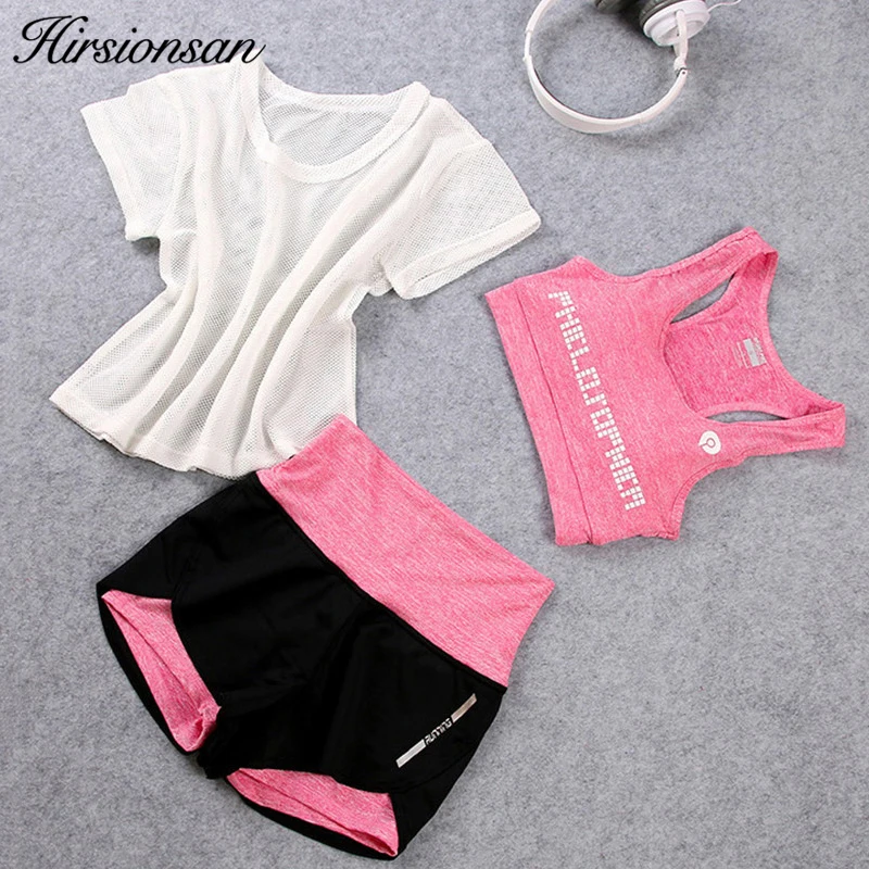 Hirsionsan Tracksuit Women 2018 Three Piece Set Fitness Workout Corp Top + Shorts T Shirt Sporting Suit Casual Sportswear | Женская