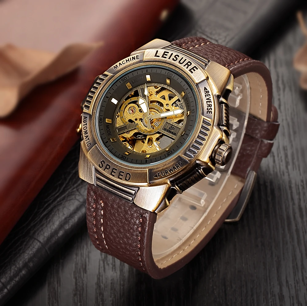 

SHENHUA Bronze Skeleton Mechanical Watch Men Automatic Watch Sport Luxury Top Brand Leather Watch Vintage Relogio Masculino