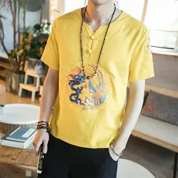 

Chinese style summer new men cotton linen button embroidery men t shirt short sleeve fashion casual homme T shirt