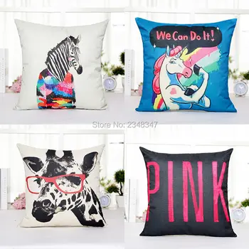 

Lovely Cartoon Rainbow Horse Zebra Giraffe Pillow Covering Linen Decorative Throw Sofa Seat Car Cushion Cover Colorful Pink