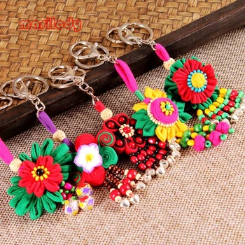 

50pcs/Lot Colorized Flower Mixed Keychain Hand Made Special Key Chain Ethnic Keyring Bag Clothes Hangings