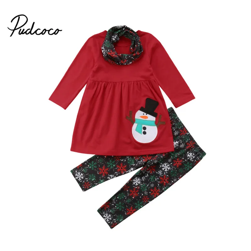 

1-6Y Toddler Kids Baby Girl Christmas Clothes Snowman Long Sleeve Mini Dress Tops+Snowflake Pant Legging Scarf 3PCS Clothing Set