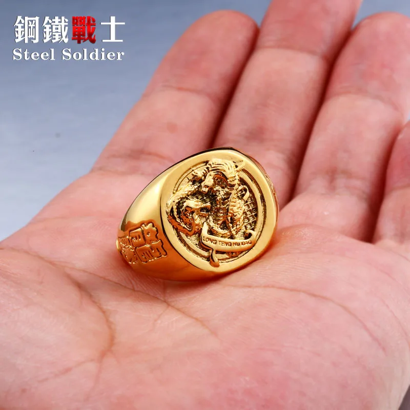 

Steel soldier 24K gold dragon and tiger fight ring copper punk no fade man domineering jewelry as gift