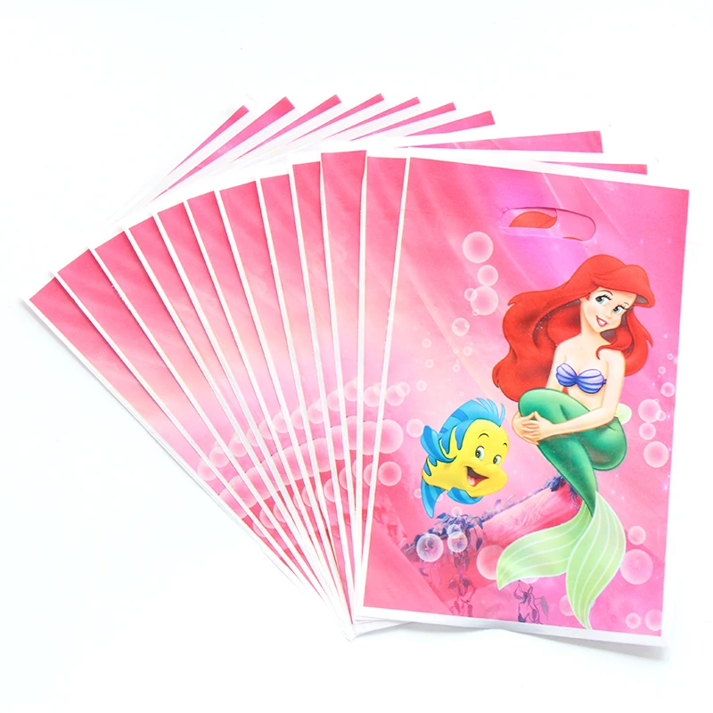 

10pcs/lot Pink Little Mermaid Theme Cartoon Plastic Gift Bag Baby Shower Happy Birthday For Kids Gift Party Decoration Supplies