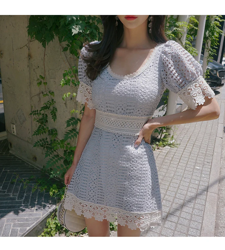 2019 летние новые женские кружевные платья с вырезом Vestido лоскутное повседневное с круглым вырезом короткий рукав тонкий офис вечерние