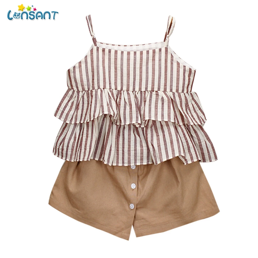 

LONSANT 2pcs Summer Kids Baby Girl Clothing Set Children New Arrival Girls Fashion Striped Ruffle Sling Tops+Solid Button Shorts