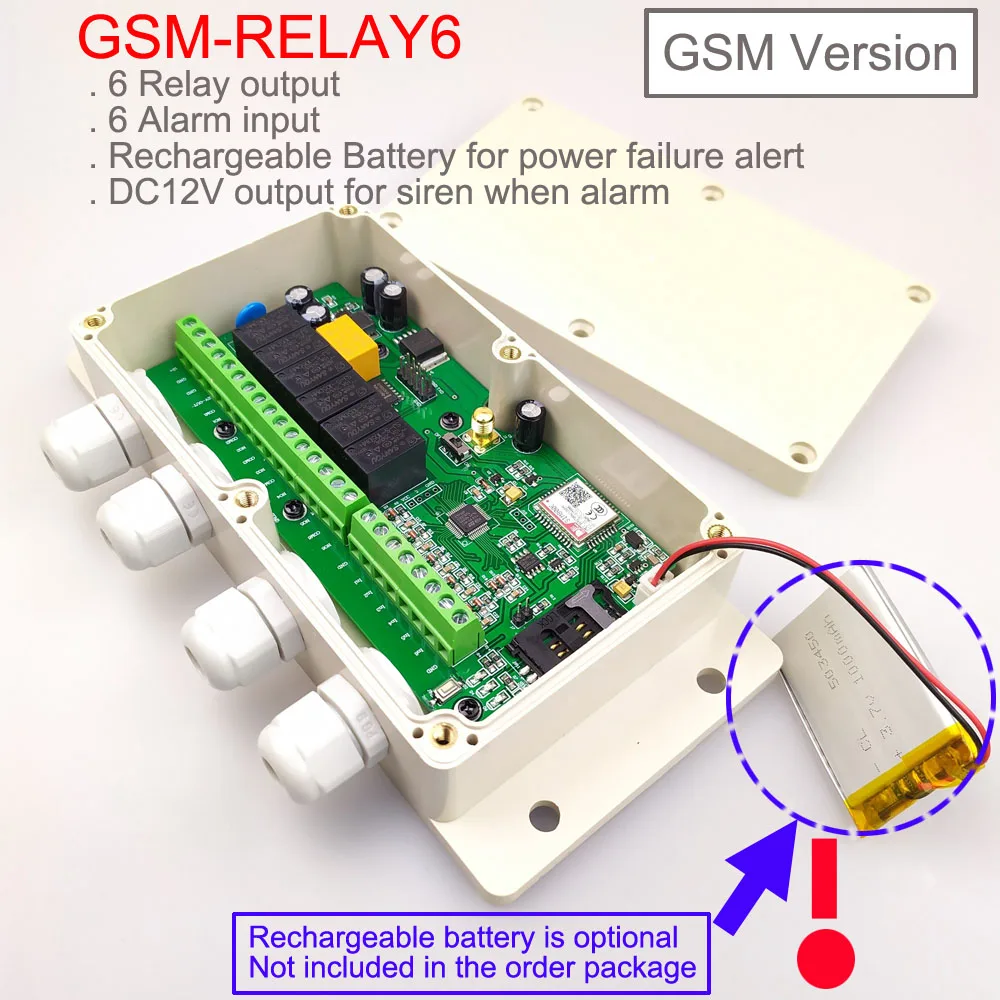 New version GSM Six relay output remote switch controller with 6 alarm input and Battery on board for power off alarm