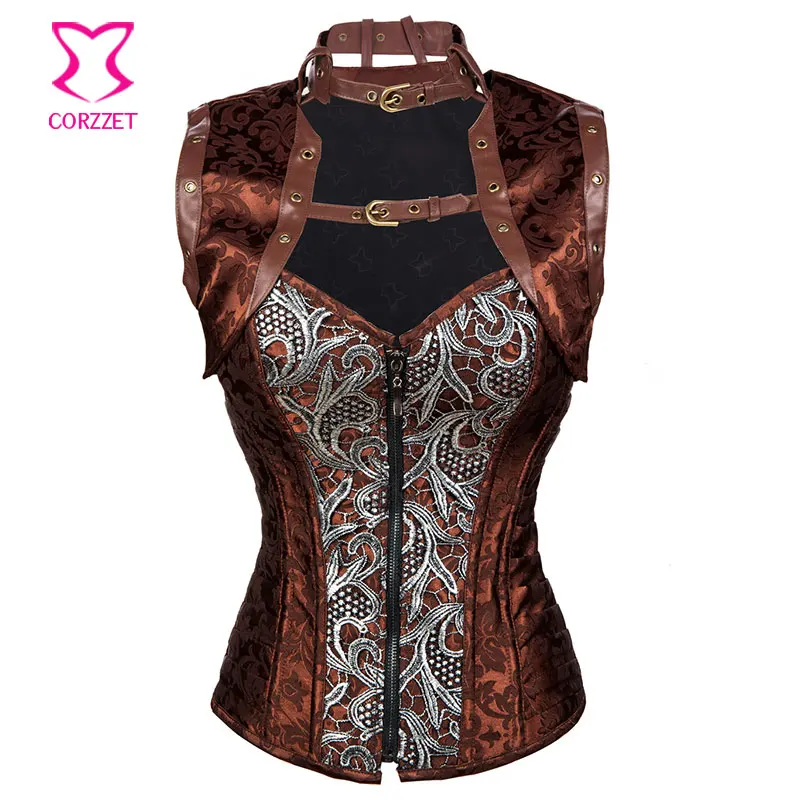

Brown Zipper Waist Trainer Corsets Bustiers Women Steampunk Costume Corpete E Corseletes Espartilhos Gothic Corset With Jacket
