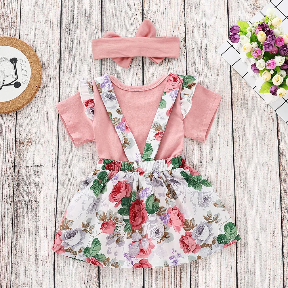 Детская одежда для малышки, летний розовый Боди с короткими рукавами, юбка с цветочным рисунком, повязка на голову, костюм, одежда, милый хлопок, 3 предмета