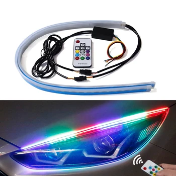 

1set New Slim RGB Flowing Sequential Flexible LED DRL For Headlight Strip Daytime Running Lights with Remote Control 30/45/60cm
