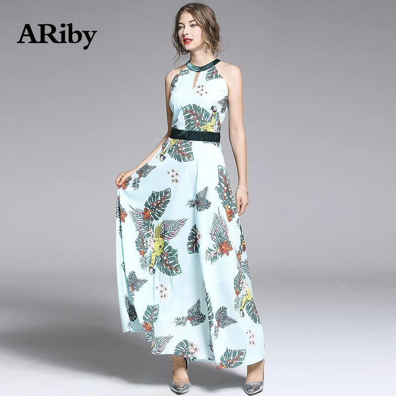 Women Dress Long Maxi Dress 2019 Summer New Fashion Bohemian High Waist Slimming Temperament Sleeveless Halter Printed Dresses