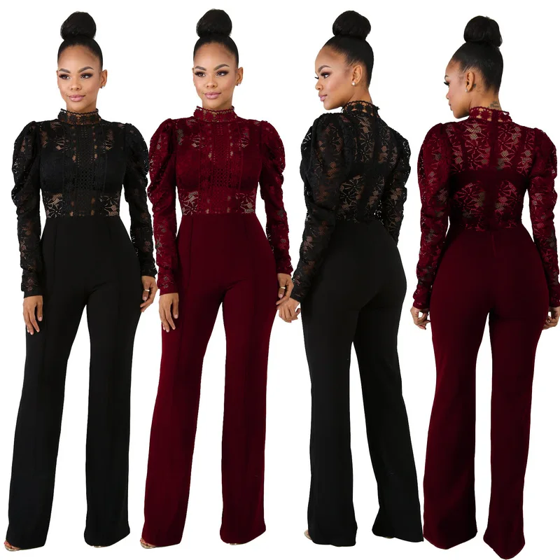 

Lady Stand Collar Hollow Out Lace Long Jumpsuit Women Sexy Long Sleeve Loose Romper Wide Leg Pants Night Club Party OL Outfits