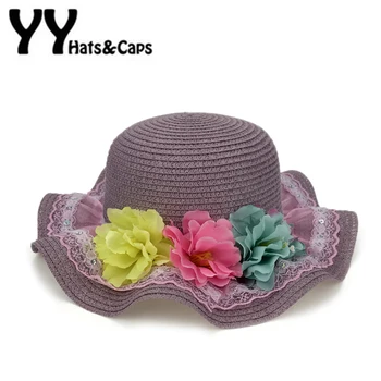 

High Quality Straw Sunhats for Girls Summer Sun Hat Lace Brim Three Flowers Beach Cap Children Outdoor Sun Visor Hats YY17047