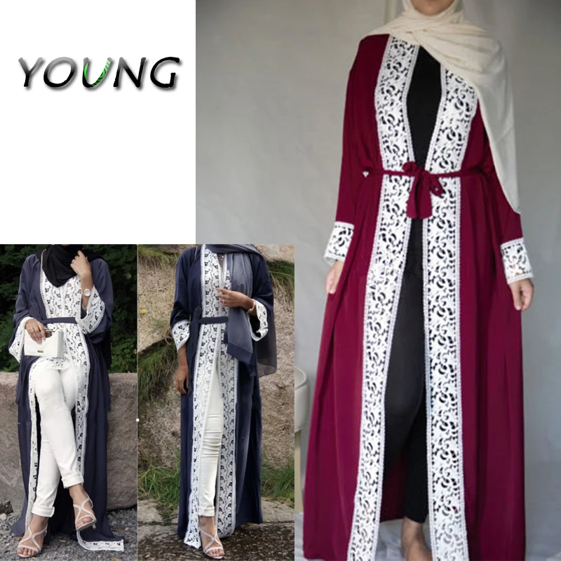 Fashion Muslim Lace Maxi Dress Open Abaya Cardigan Long Robe Gowns Tunic Kimono Jubah Middle East Ramadan Arab Islamic Clothing