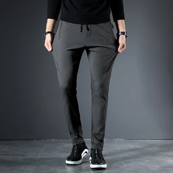 

Solid Color Casual Pants Men Zip Pocket Slim Fit Men's Pants Elastic Waist Trousers Black Darkgray Lightgray Male Pants