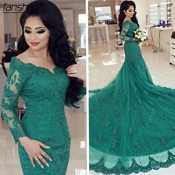 

2019 Arabic Green Mermaid Lace Evening Dress V-neck Long Formal Prom Dresses Beaded Red Carpet Dresses