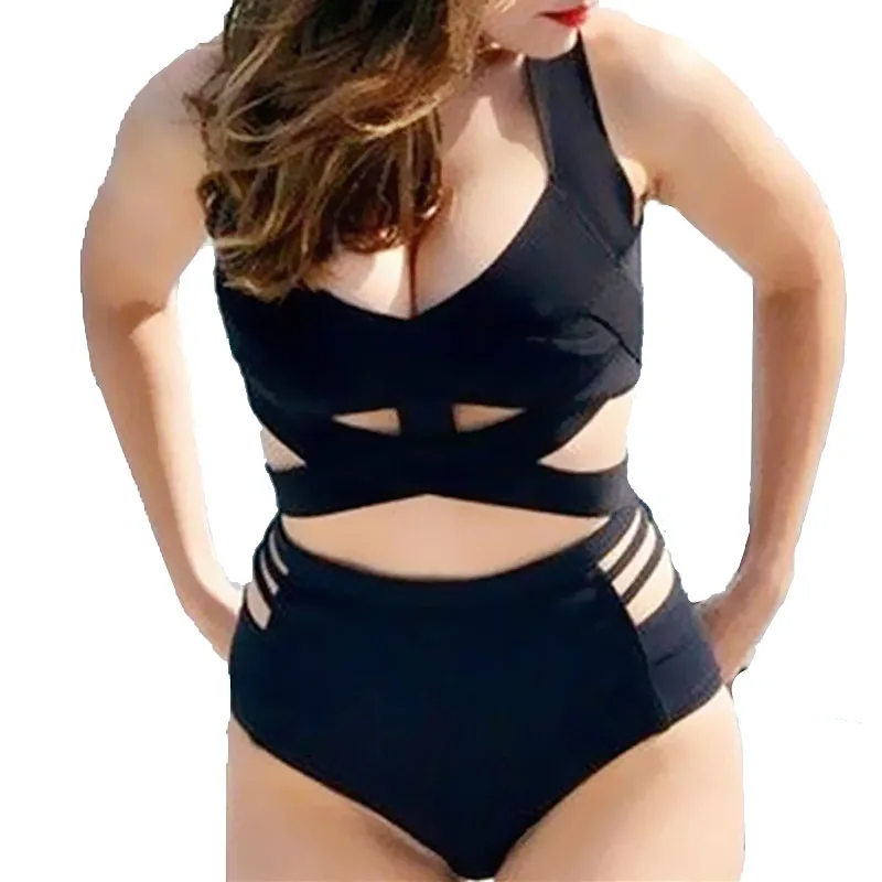 

High Waist Bikini Plus Size Black Female Swimsuit of Large Sizes Beach High Quality Tracksuit for Women Vacation Drop Shipping