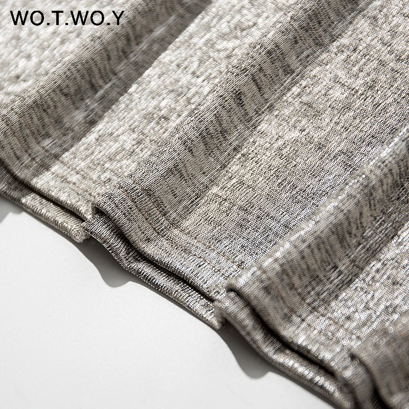 WOTWOY Silver Shiny Lurex Knitted T Shirts Women 2019 Summer Sexy Slim O-Neck Short Sleeve T shirt Woman Solid Tees Harajuku